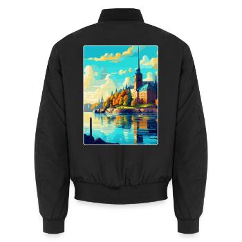 Stockholm Suède Affiche de voyage vintage souvenir - Bomber unisexe - noir - Dos - AI Model Male 185 light (185cm)