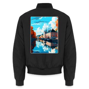 Karlstad Schweden Vintage Reiseplakat Souvenir WPA - Unisex Bomberjacke - Schwarz - Hinten - AI Model Male 185 light (185cm)
