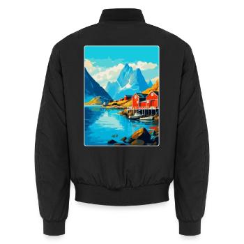 Lofoten Norwegen Vintage Reiseposter WPA - Unisex Bomberjacke - Schwarz - Hinten - AI Model Male 185 light (185cm)