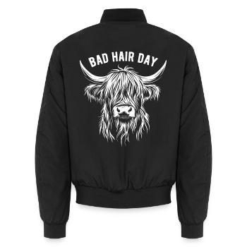 Schottisches Hochlandrind - Spruch - Bad Hair Day - Unisex Bomberjacke - Schwarz - Hinten - AI Model Male 185 light (185cm)