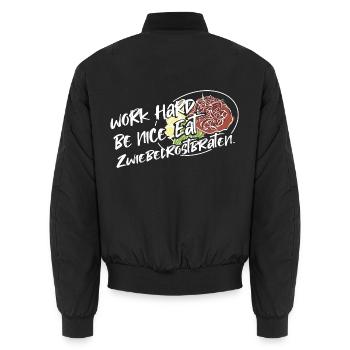 Saftiger Zwiebelrostbraten Alpenküche - Unisex Bomberjacke - Schwarz - Hinten - AI Model Male 185 light (185cm)