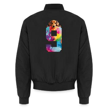 DOG 9 YEARS OLD DACHSHUND 9TH BIRTHDAY - Unisex Bomber Jacket - black - Back - AI Model Male 185 light (185cm)