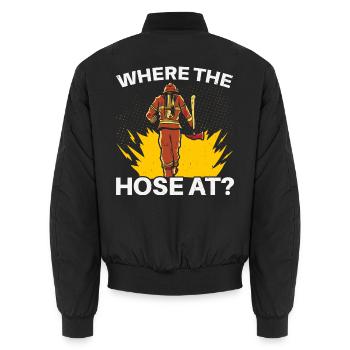 Wo der Schlauch bei der Brandbekämpfung Feuerwehrm - Unisex Bomberjacke - Schwarz - Hinten - AI Model Male 185 light (185cm)