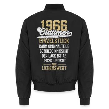 LUSTIG 60. GEBURTSTAG OLDTIMER 1966 EINZELSTÜCK - Unisex Bomberjacke - Schwarz - Hinten - AI Model Male 185 light (185cm)