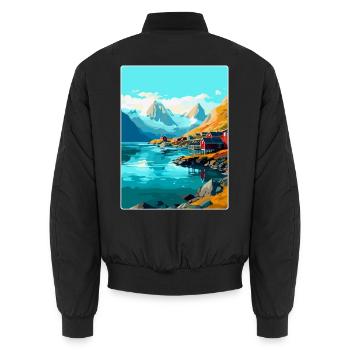 Lofoten Norwegen Vintage Reiseposter WPA - Unisex Bomberjacke - Schwarz - Hinten - AI Model Male 185 light (185cm)