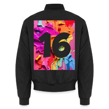 NR. 16 NUMMER 16 BUNT 16. GEBURTSTAG - Unisex Bomberjacke - Schwarz - Hinten - AI Model Male 185 light (185cm)
