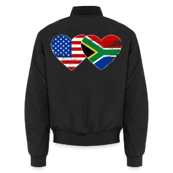 USA Südafrika Flagge Herzform used - Unisex Bomberjacke - Schwarz - Hinten - AI Model Male 185 light (185cm)