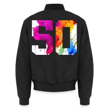 NUMBER 50 YEARS OLD 50TH BIRTHDAY - Unisex Bomber Jacket - black - Back - AI Model Male 185 light (185cm)