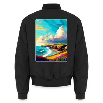 Pembrokeshire Pays de Galles Royaume-Uni Affiche de voyage vintage WPA - Bomber unisexe - noir - Dos - AI Model Male 185 light (185cm)