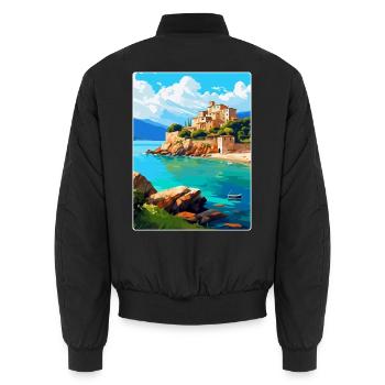 Korsika Frankreich Vintage Reiseplakat Souvenir WPA - Unisex Bomberjacke - Schwarz - Hinten - AI Model Male 185 light (185cm)