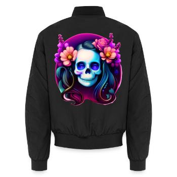 Mystical Skull Lady with Flowers – Gothic Neon - Unisex Bomber Jacket - black - Back - AI Model Male 185 light (185cm)