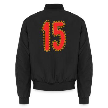 15. 15 YEARS. 15th ANNIVERSARY. 15 YEAR ANNIVERSARY. - Unisex Bomber Jacket - black - Back - AI Model Male 185 light (185cm)