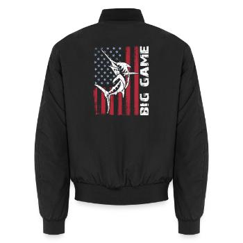 Jumping Marlin with US flag Deep Sea Fishing - Unisex Bomber Jacket - black - Back - AI Model Male 185 light (185cm)