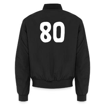 80. 80 JAHRE. 80-JÄHRIGES JUBILÄUM. 80. GEBURTSTAG. - Unisex Bomberjacke - Schwarz - Hinten - AI Model Male 185 light (185cm)