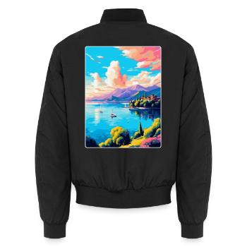 Lago Maggiore Schweiz Vintage Reiseplakat - Unisex Bomberjacke - Schwarz - Hinten - AI Model Male 185 light (185cm)
