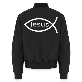  Jesusfisch weiß Ichthys Jesus Fisch  - Unisex Bomberjacke - Schwarz - Hinten - AI Model Male 185 light (185cm)