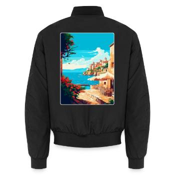 Rhodes Greece Vintage Travel Poster WPA Souvenir - Unisex Bomber Jacket - black - Back - AI Model Male 185 light (185cm)