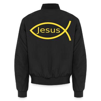 Jesusfisch gelb Ichthys Jesus Fisch  - Unisex Bomberjacke - Schwarz - Hinten - AI Model Male 185 light (185cm)
