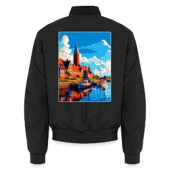 Halmstad Schweden Vintage Reiseplakat Souvenir WPA - Unisex Bomberjacke - Schwarz - Hinten - AI Model Male 185 light (185cm)
