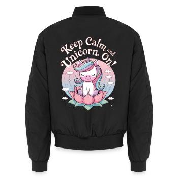 Keep Calm And Unicorn On! - Unisex Bomber Jacket - black - Back - AI Model Male 185 light (185cm)