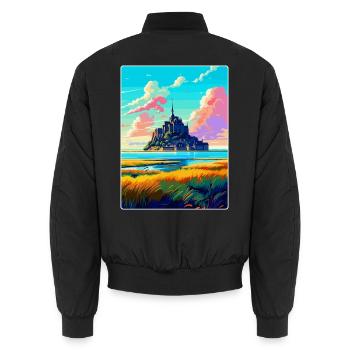 Mont Saint Michel France Vintage Travel Poster WPA - Unisex Bomber Jacket - black - Back - AI Model Male 185 light (185cm)