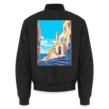Rhodes Greece Vintage Travel Poster WPA Souvenir - Unisex Bomber Jacket - black - Back - AI Model Male 185 light (185cm)