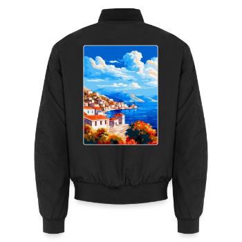 Hydra Greece Vintage Travel Poster WPA Souvenir - Unisex Bomber Jacket - black - Back - AI Model Male 185 light (185cm)