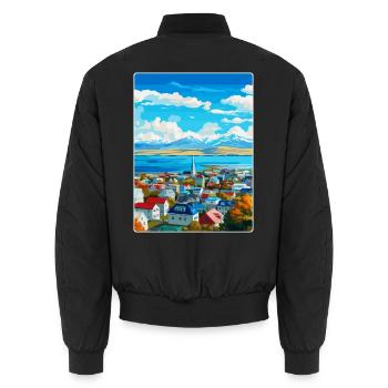 Reykjavik Iceland Vintage Travel Poster Souvenir - Unisex Bomber Jacket - black - Back - AI Model Male 185 light (185cm)