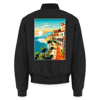 Costa Blanca Spain Vintage Travel Poster Souvenir - Unisex Bomber Jacket - black - Back - AI Model Male 185 light (185cm)