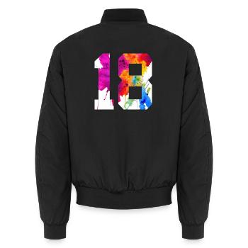 NUMBER 18 YEARS OLD 18TH BIRTHDAY - Unisex Bomber Jacket - black - Back - AI Model Male 185 light (185cm)