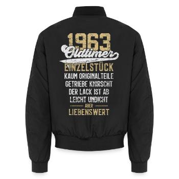 LUSTIG 63. GEBURTSTAG OLDTIMER 1963 EINZELSTÜCK - Unisex Bomberjacke - Schwarz - Hinten - AI Model Male 185 light (185cm)