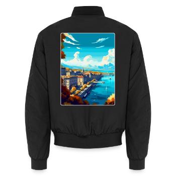 Genf Schweiz Vintage Reiseplakat Souvenir - Unisex Bomberjacke - Schwarz - Hinten - AI Model Male 185 light (185cm)