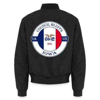 Council Bluffs Iowa Flagge USA Reise Souvenir Abzeichen - Unisex Bomberjacke - Schwarz - Hinten - AI Model Male 185 light (185cm)