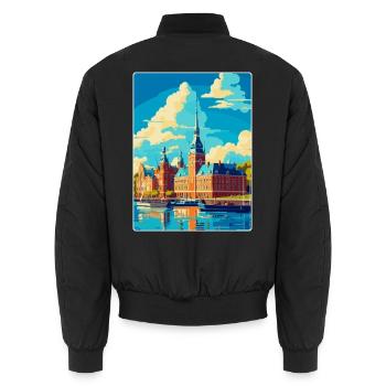 Helsingborg Sweden Vintage Travel Poster Souvenir - Unisex Bomber Jacket - black - Back - AI Model Male 185 light (185cm)