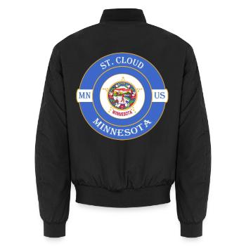 St. Cloud Minnesota Flagge USA Reise Souvenir Abzeichen - Unisex Bomberjacke - Schwarz - Hinten - AI Model Male 185 light (185cm)