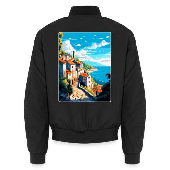 Ston Kroatien Vintage Reiseposter WPA Souvenir - Unisex Bomberjacke - Schwarz - Hinten - AI Model Male 185 light (185cm)