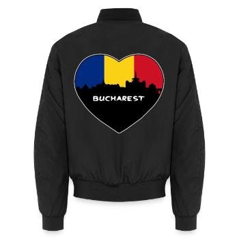 Bukarest Rumänien Flagge Skyline Reise Souvenir - Unisex Bomberjacke - Schwarz - Hinten - AI Model Male 185 light (185cm)