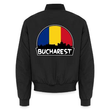 Bukarest Rumänien Flagge Skyline Silhouette Reisen - Unisex Bomberjacke - Schwarz - Hinten - AI Model Male 185 light (185cm)