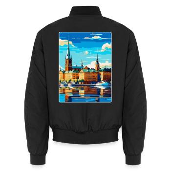 Stockholm Suède Affiche de voyage vintage souvenir - Bomber unisexe - noir - Dos - AI Model Male 185 light (185cm)