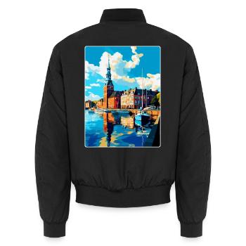 Helsingborg Sweden Vintage Travel Poster Souvenir - Unisex Bomber Jacket - black - Back - AI Model Male 185 light (185cm)