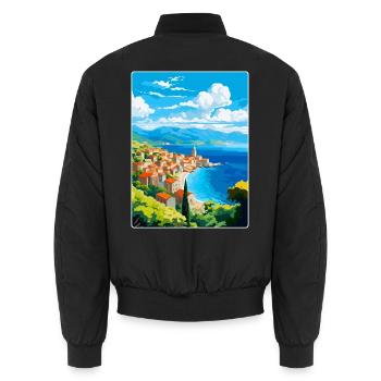 Budva Montenegro Vintage Reiseplakat Souvenir - Unisex Bomberjacke - Schwarz - Hinten - AI Model Male 185 light (185cm)