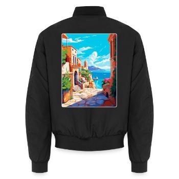 Rhodes Greece Vintage Travel Poster WPA Souvenir - Unisex Bomber Jacket - black - Back - AI Model Male 185 light (185cm)