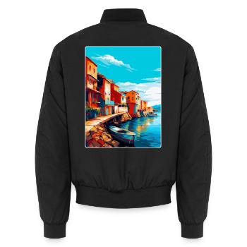 Costa Nova Portugal Vintage Travel Poster Souvenir - Unisex Bomber Jacket - black - Back - AI Model Male 185 light (185cm)