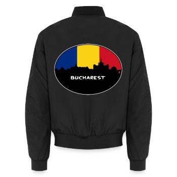 Bukarest Rumänien Flagge Skyline Silhouette Reisen - Unisex Bomberjacke - Schwarz - Hinten - AI Model Male 185 light (185cm)