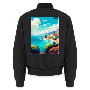 Vis Island Croatia Vintage Travel Poster Souvenir - Unisex Bomber Jacket - black - Back - AI Model Male 185 light (185cm)