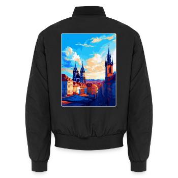 Prag Tschechische Republik Vintage Reiseplakat WPA - Unisex Bomberjacke - Schwarz - Hinten - AI Model Male 185 light (185cm)