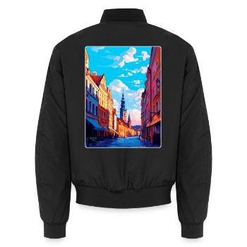 Pilsen Tschechische Republik Vintage Reiseplakat WPA Kunst - Unisex Bomberjacke - Schwarz - Hinten - AI Model Male 185 light (185cm)