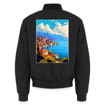 Ohrid North Macedonia Vintage Travel Poster WPA - Unisex Bomber Jacket - black - Back - AI Model Male 185 light (185cm)