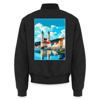 Passau Allemagne Affiche de voyage vintage Souvenir WPA - Bomber unisexe - noir - Dos - AI Model Male 185 light (185cm)