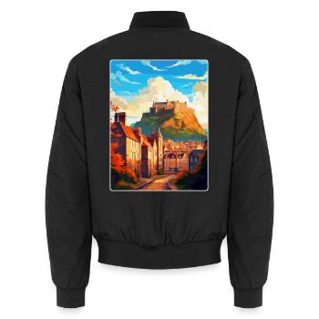 Edinburgh Scotland Uk Travel Poster Souvenir WPA - Unisex Bomber Jacket - black - Back - AI Model Male 185 light (185cm)